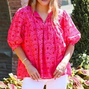j.marie Pink/Red Printed Puff Sleeve Blouse SZ S EUC